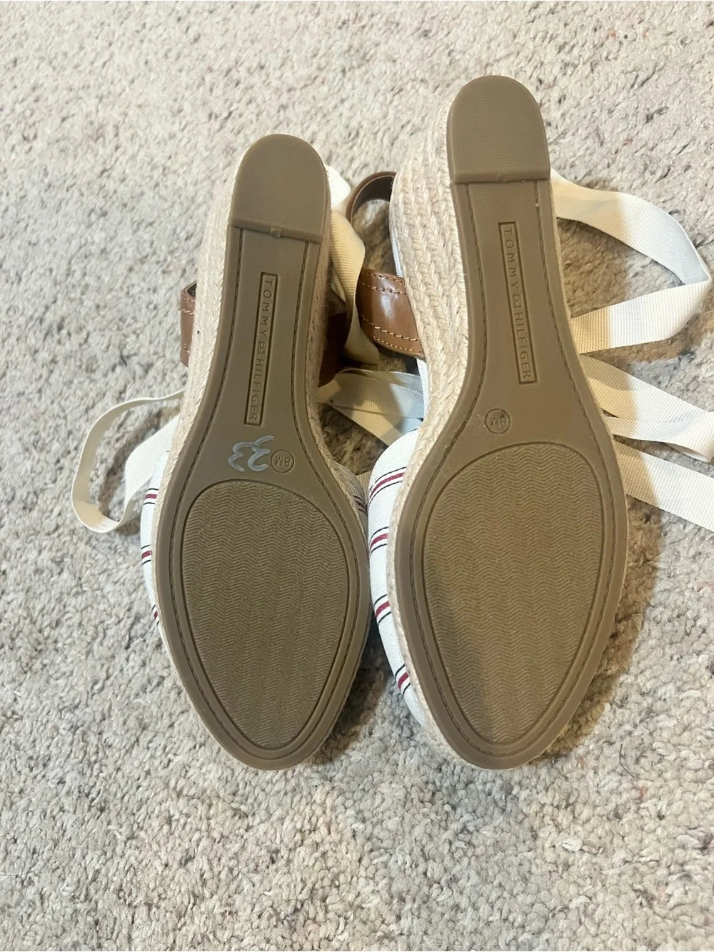 Tommy Hilfiger Cream Striped Espadrille Wedges with Brown Leather Slingback